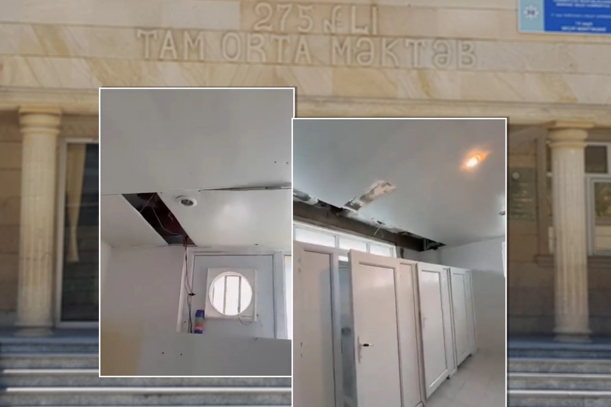 Bakı məktəbində təhlükə - Ayaqyolunun tavanı qəzalı vəziyyətdədir